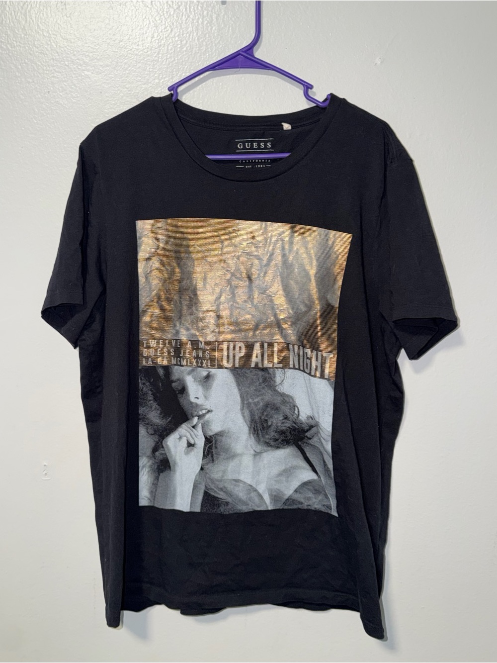 GUESS womans Black Graphic Tee - 'Up All Night'